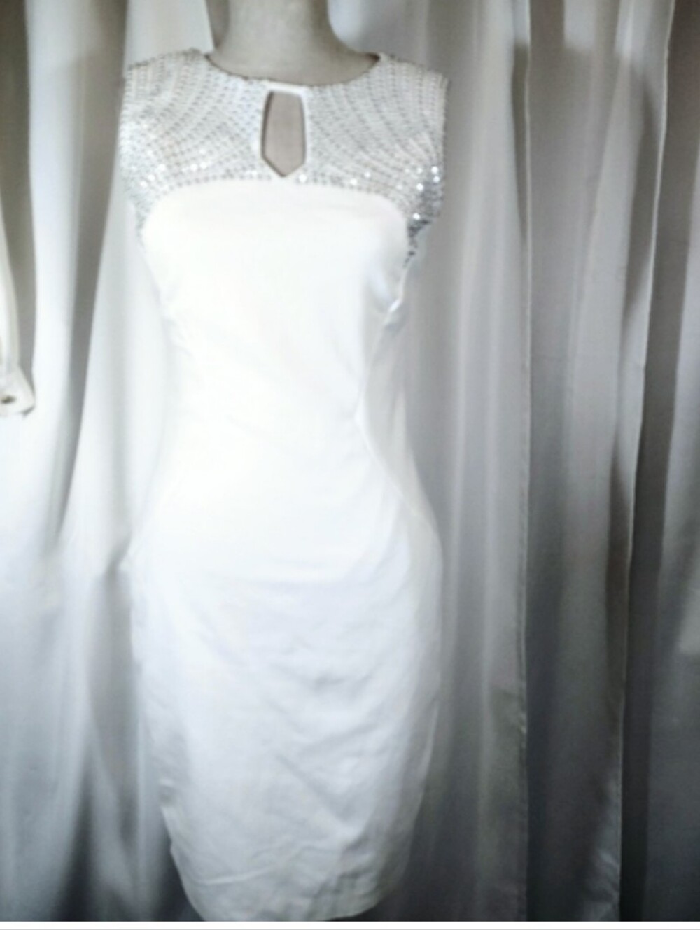 Cache Sheath Dress, Sleeveless, White, Silver Studs, Back Zipper, Stretchy, 4